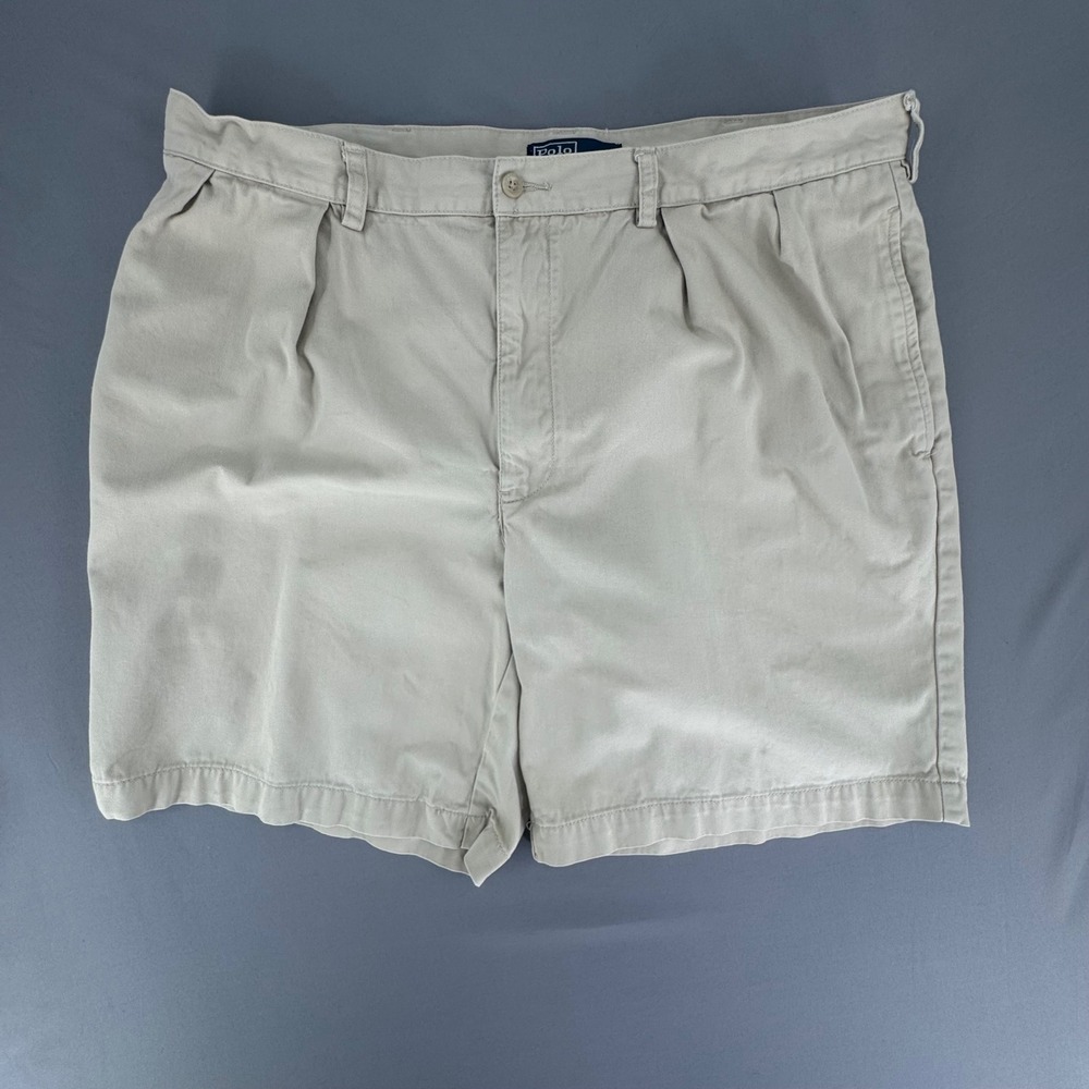 VTG Polo Ralph Lauren Mens Tyler Short Pleated Chino Tan Khaki Cotton Size 40